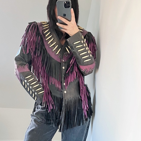 Vintage Jackets & Blazers - Vintage Leather Jacket with Purple and Black Fringe XS